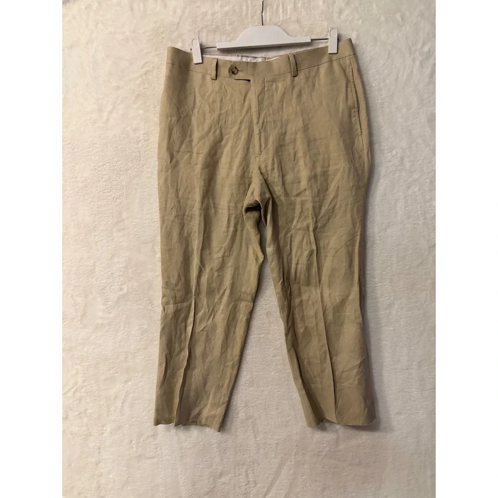 Mens Tan Linen Blend Dress Pants Khaki Straight Leg Trousers Size 34x26 Summer